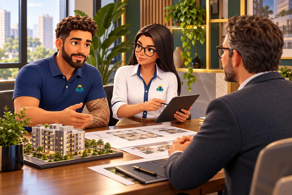 Lucas e Juliana negociando um projeto imobiliário com um investidor